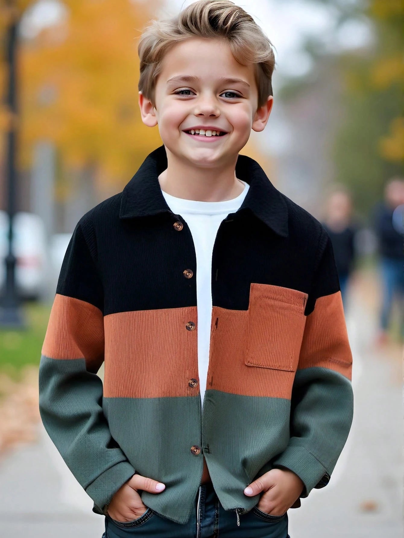 1Pc Young Boy Casual Long Sleeve Corduroy Shacket, Contrast Color Patch Pocket Design, Autumn/Winter
