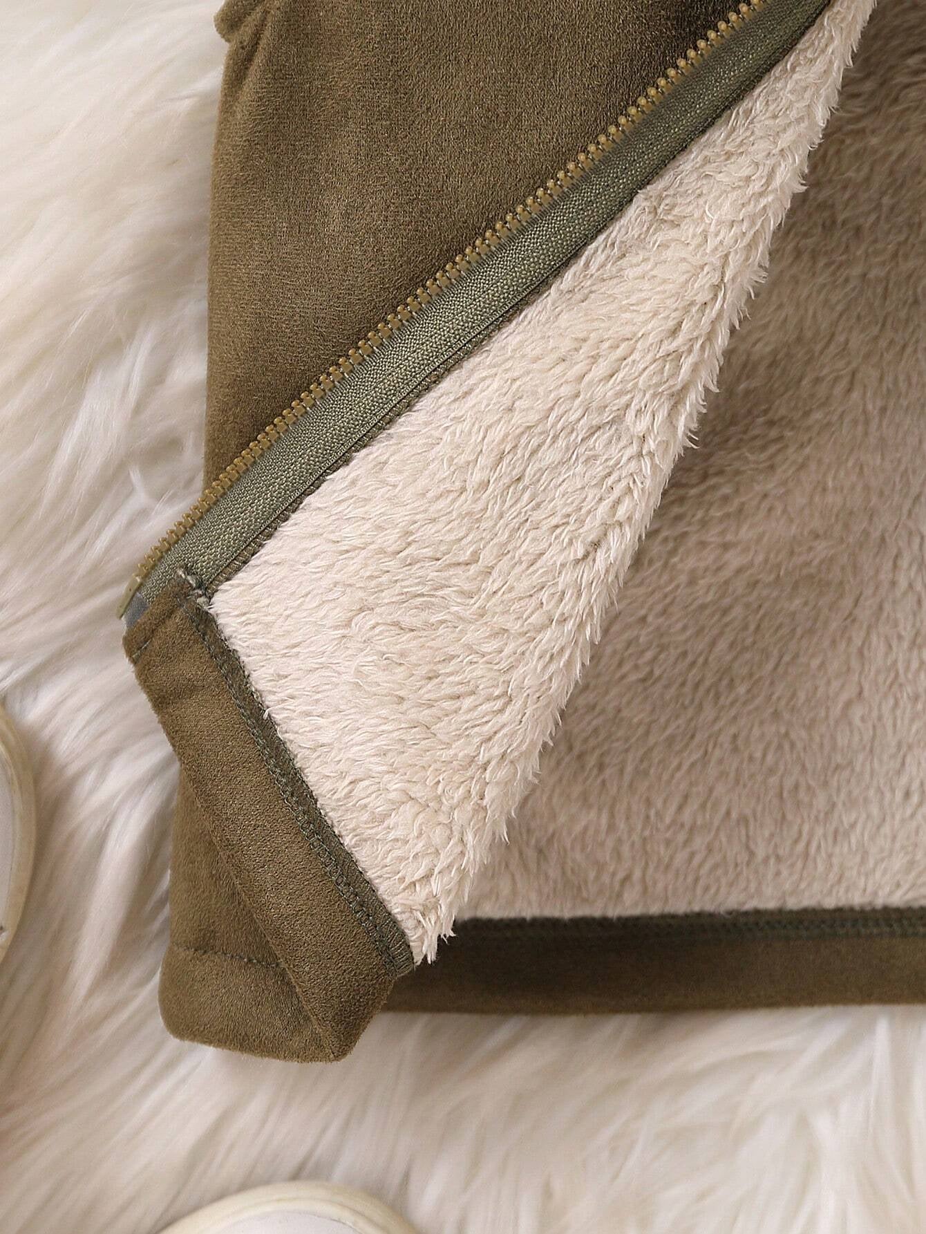 Young Boys' Fashion Casual Thermal Lined Thicken Faux Leather Patch Decor Stand Collar Zip-Up Vest