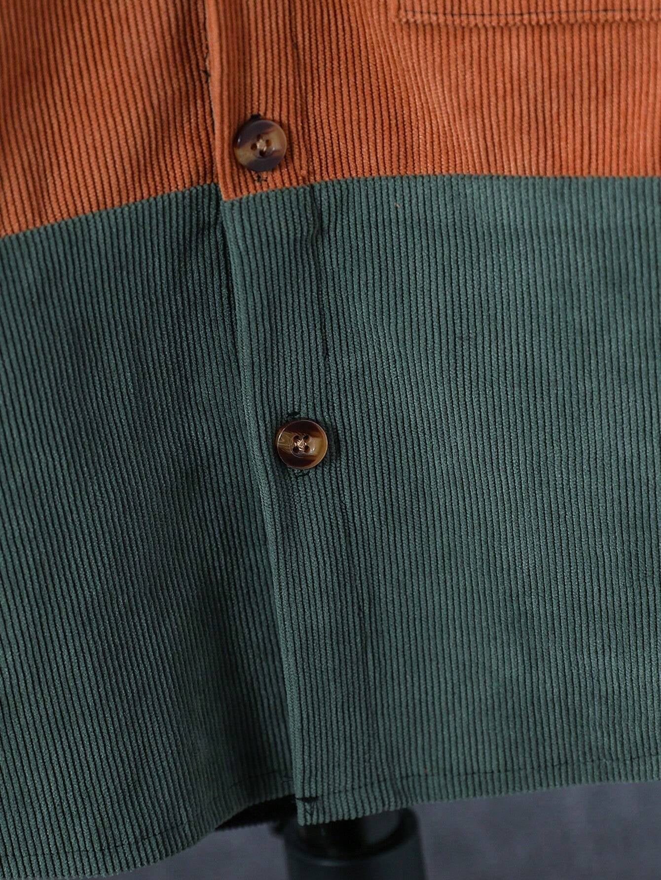 1Pc Young Boy Casual Long Sleeve Corduroy Shacket, Contrast Color Patch Pocket Design, Autumn/Winter