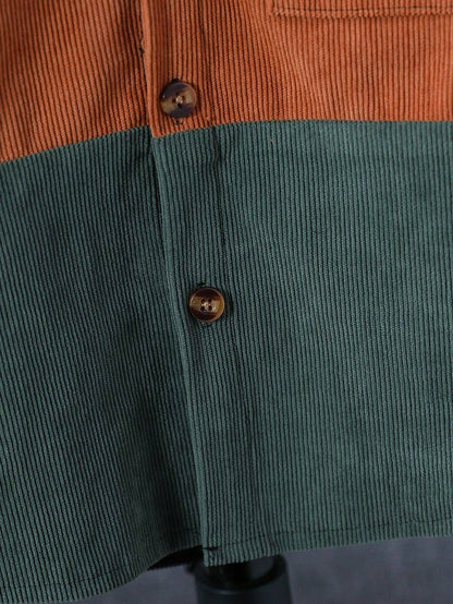 1Pc Young Boy Casual Long Sleeve Corduroy Shacket, Contrast Color Patch Pocket Design, Autumn/Winter