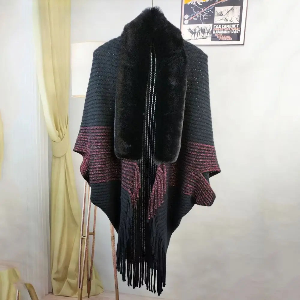 Fashion Cardigan Cape Cloak Faux Fur Collar Plush Wraps Knitting Shawl Winter Warm