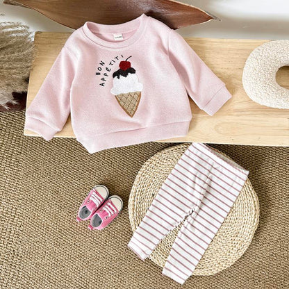 Newborn Baby Girl Spring Autumn Set Ice Cream Patch Top Striped Long Pants Top Pants 2Pc Casual Comfortable Pink Set
