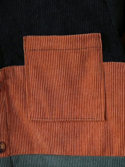 1Pc Young Boy Casual Long Sleeve Corduroy Shacket, Contrast Color Patch Pocket Design, Autumn/Winter