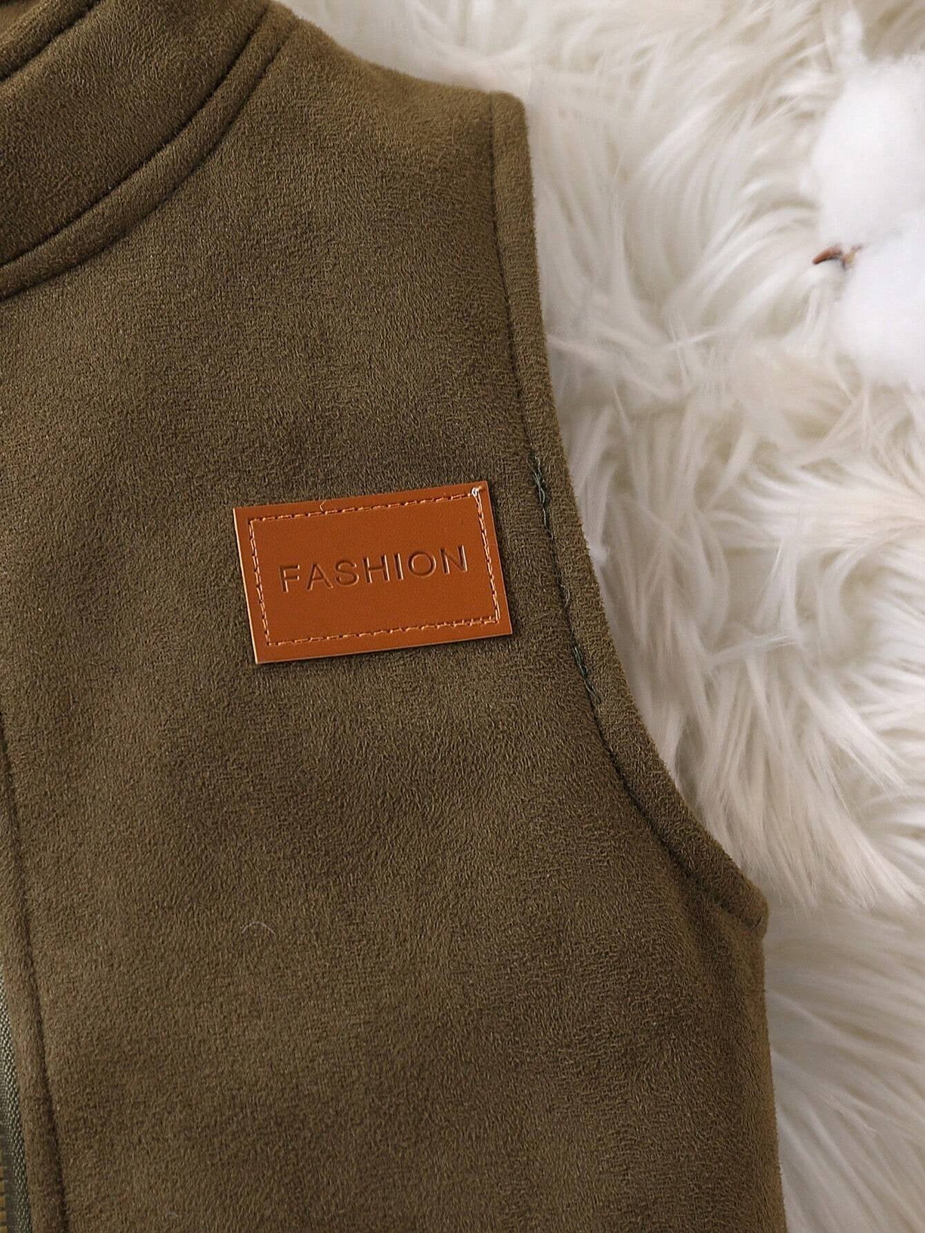 Young Boys' Fashion Casual Thermal Lined Thicken Faux Leather Patch Decor Stand Collar Zip-Up Vest