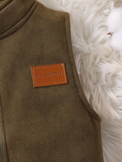 Young Boys' Fashion Casual Thermal Lined Thicken Faux Leather Patch Decor Stand Collar Zip-Up Vest