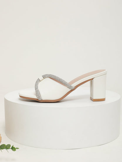 Rhinestone Decor Chunky Heeled Mule Sandals