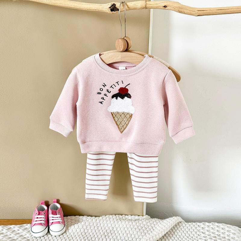 Newborn Baby Girl Spring Autumn Set Ice Cream Patch Top Striped Long Pants Top Pants 2Pc Casual Comfortable Pink Set
