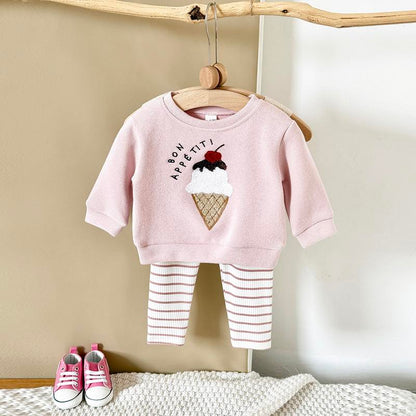 Newborn Baby Girl Spring Autumn Set Ice Cream Patch Top Striped Long Pants Top Pants 2Pc Casual Comfortable Pink Set