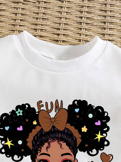 Young Girl 2Pcs Cartoon Print Crew Neck Sweatshirt and Sweatpants Set