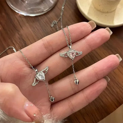 2025 Crystal Angel Wings Heart Pendant Necklaces Simple Pink White Zircon Love Elegant Chokers for Women Fashion Jewelry