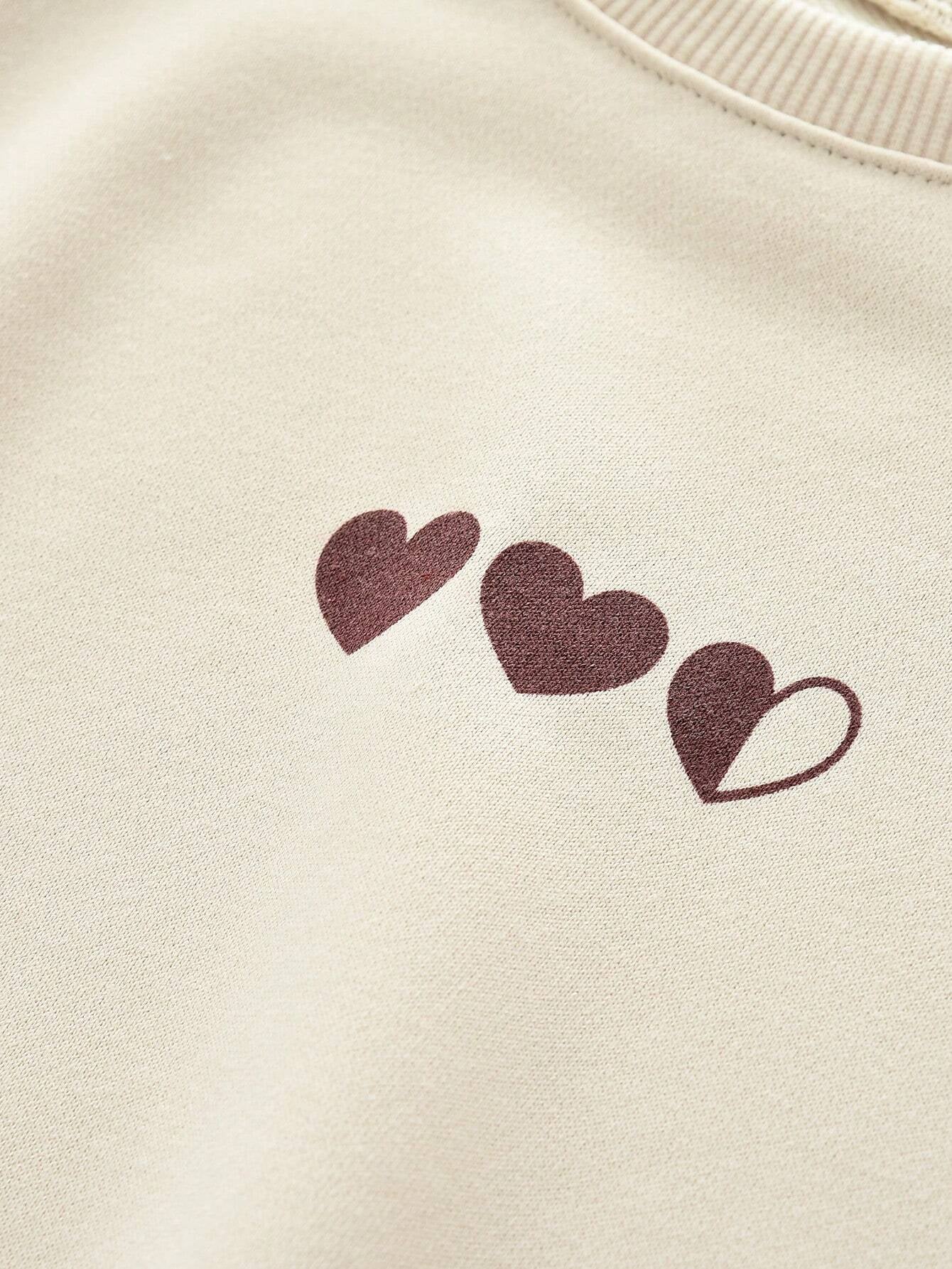 Young Girls' 2Pcs Casual Sportswear Set, Heart Printed Long Sleeve Sweatshirt and Solid Color Pants, Spring and Autumn