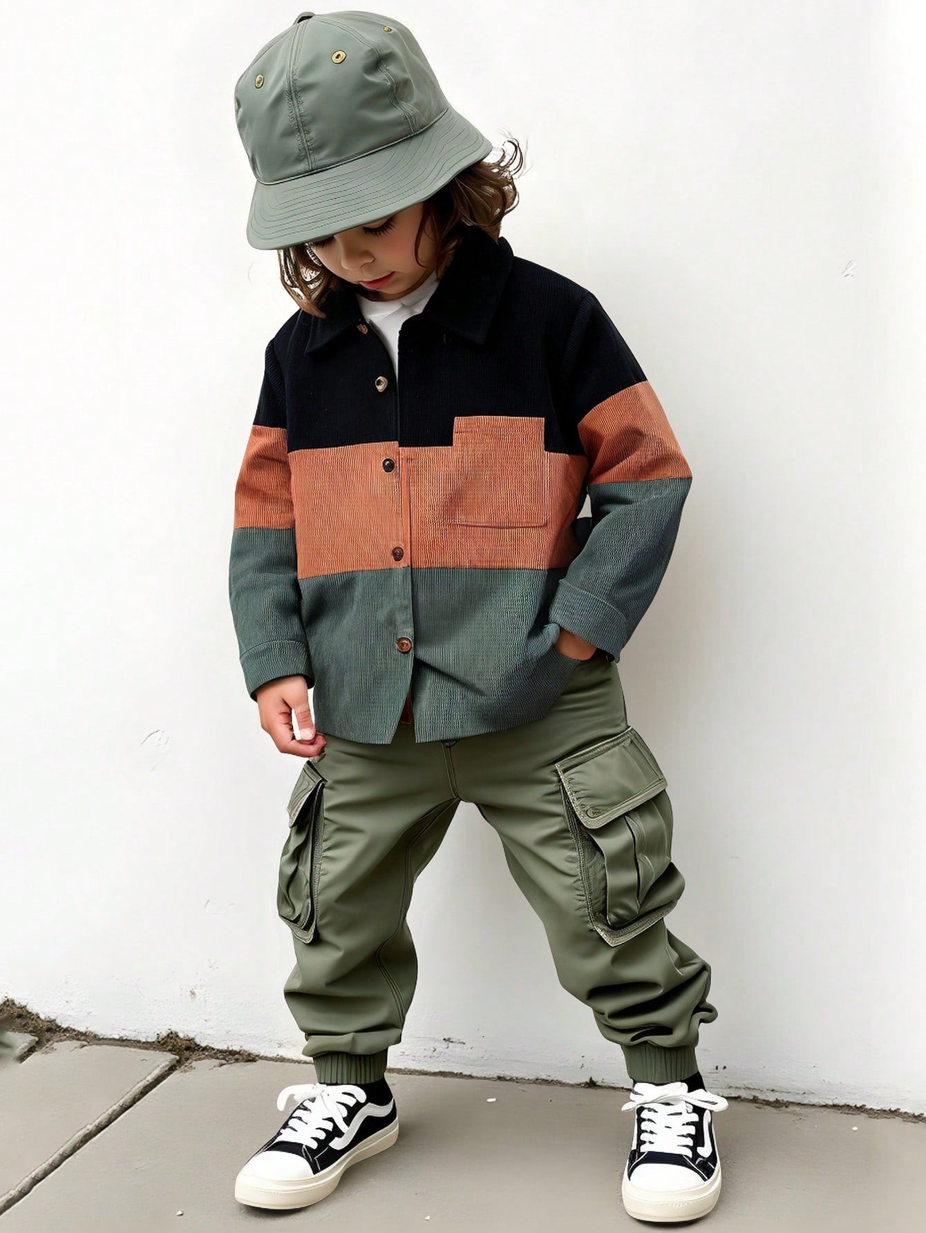 1Pc Young Boy Casual Long Sleeve Corduroy Shacket, Contrast Color Patch Pocket Design, Autumn/Winter
