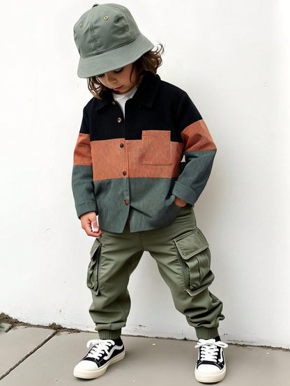 1Pc Young Boy Casual Long Sleeve Corduroy Shacket, Contrast Color Patch Pocket Design, Autumn/Winter