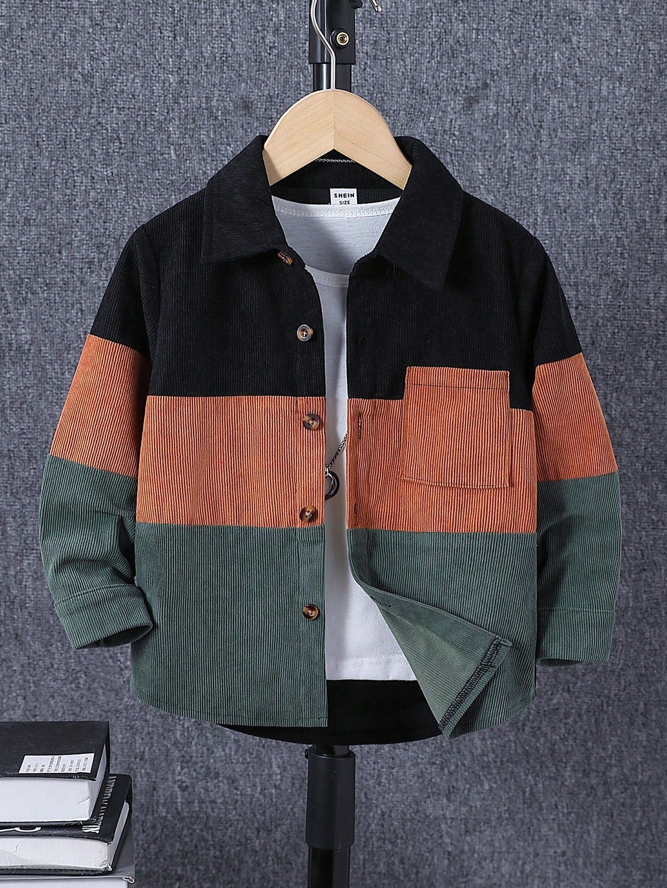1Pc Young Boy Casual Long Sleeve Corduroy Shacket, Contrast Color Patch Pocket Design, Autumn/Winter