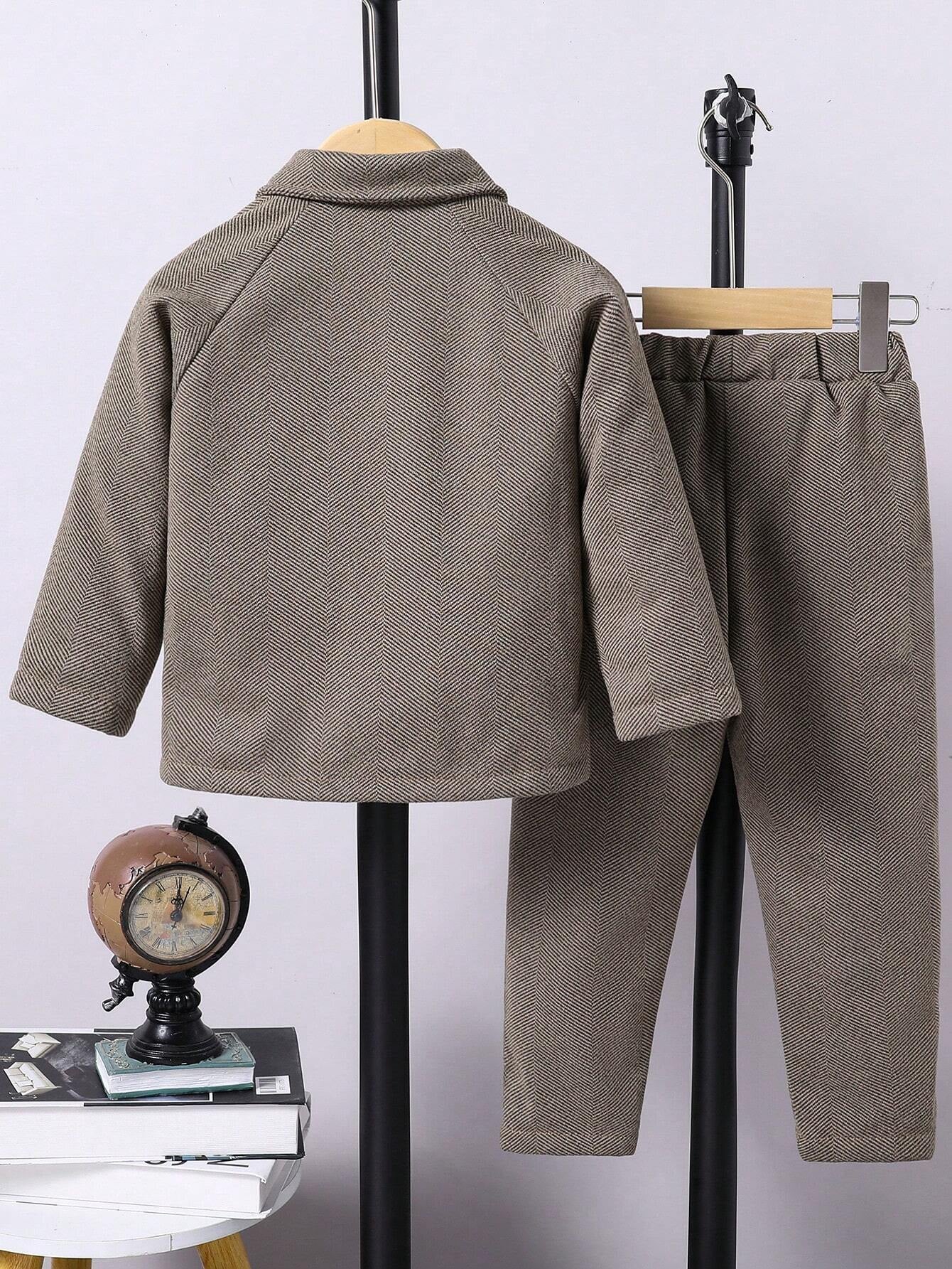 2Pcs Young Boy Collared Blazer Jacket and Casual Pants Set Chic Outfits for Autumn/Winter