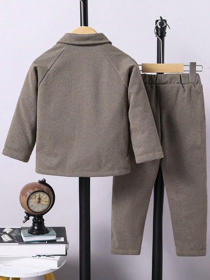 2Pcs Young Boy Collared Blazer Jacket and Casual Pants Set Chic Outfits for Autumn/Winter
