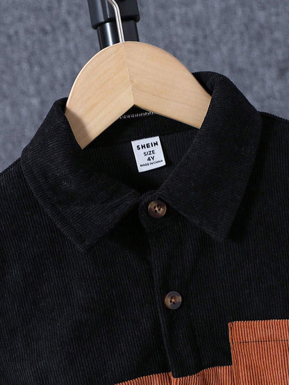 1Pc Young Boy Casual Long Sleeve Corduroy Shacket, Contrast Color Patch Pocket Design, Autumn/Winter