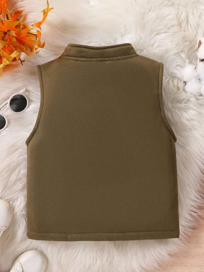 Young Boys' Fashion Casual Thermal Lined Thicken Faux Leather Patch Decor Stand Collar Zip-Up Vest