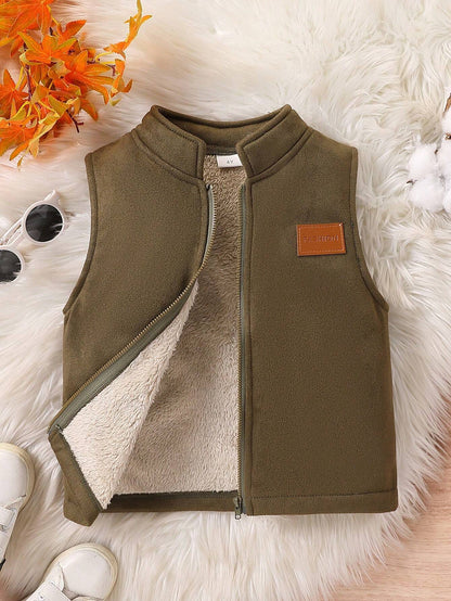 Young Boys' Fashion Casual Thermal Lined Thicken Faux Leather Patch Decor Stand Collar Zip-Up Vest