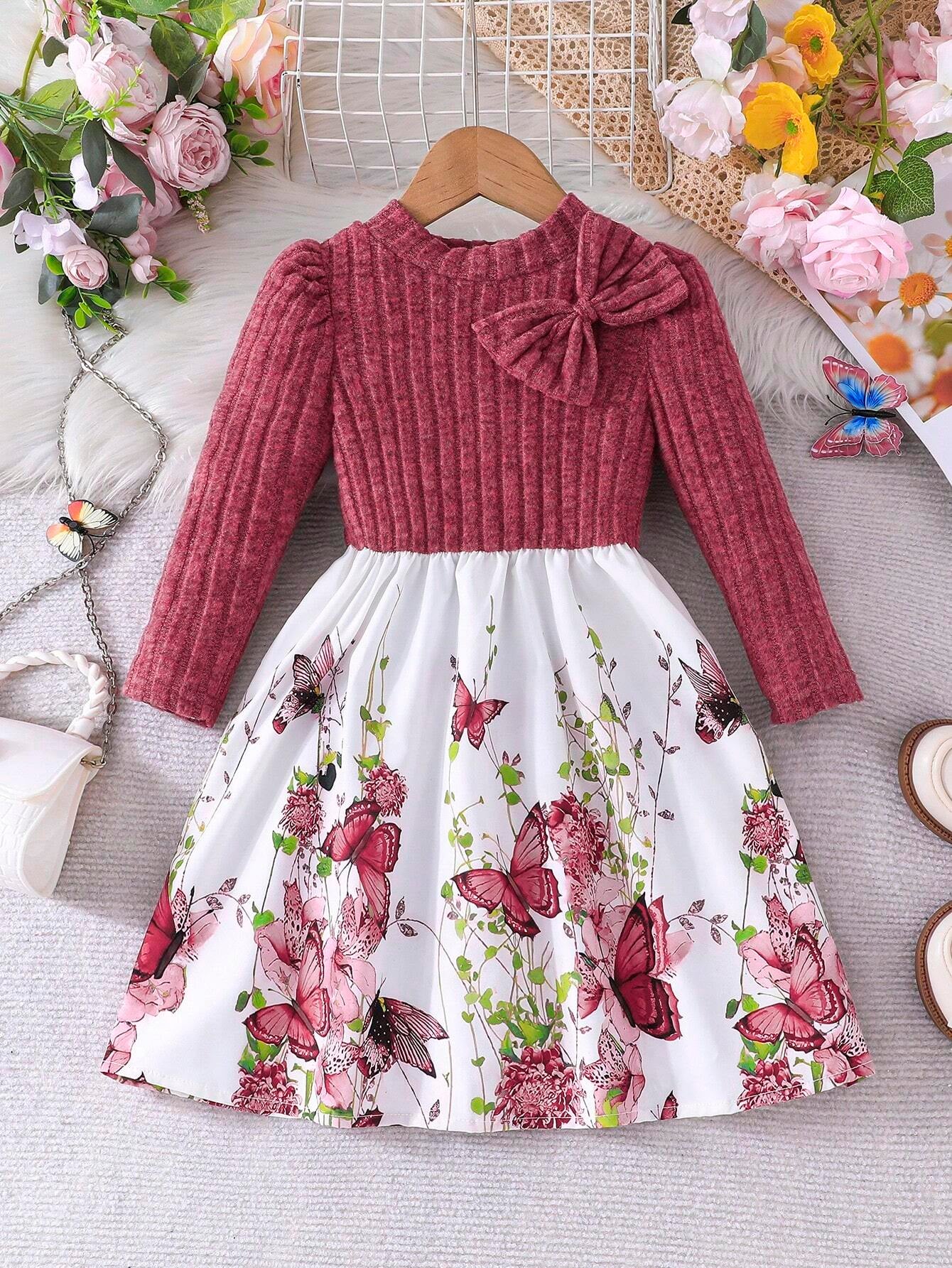 Young Girl Floral Knitted Ruffled Dress with Puff Sleeves, Elegant Flower Print Patchwork Princess Long Dress, Autumn/Winter Collection