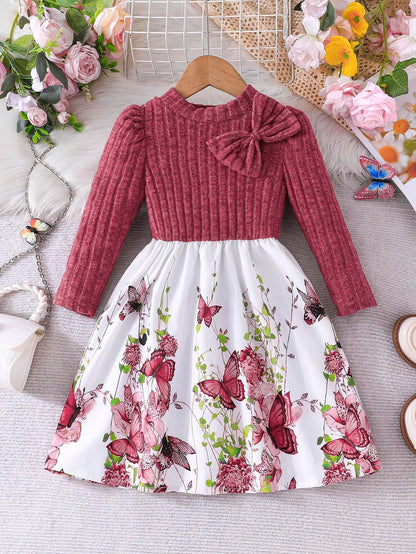 Young Girl Floral Knitted Ruffled Dress with Puff Sleeves, Elegant Flower Print Patchwork Princess Long Dress, Autumn/Winter Collection