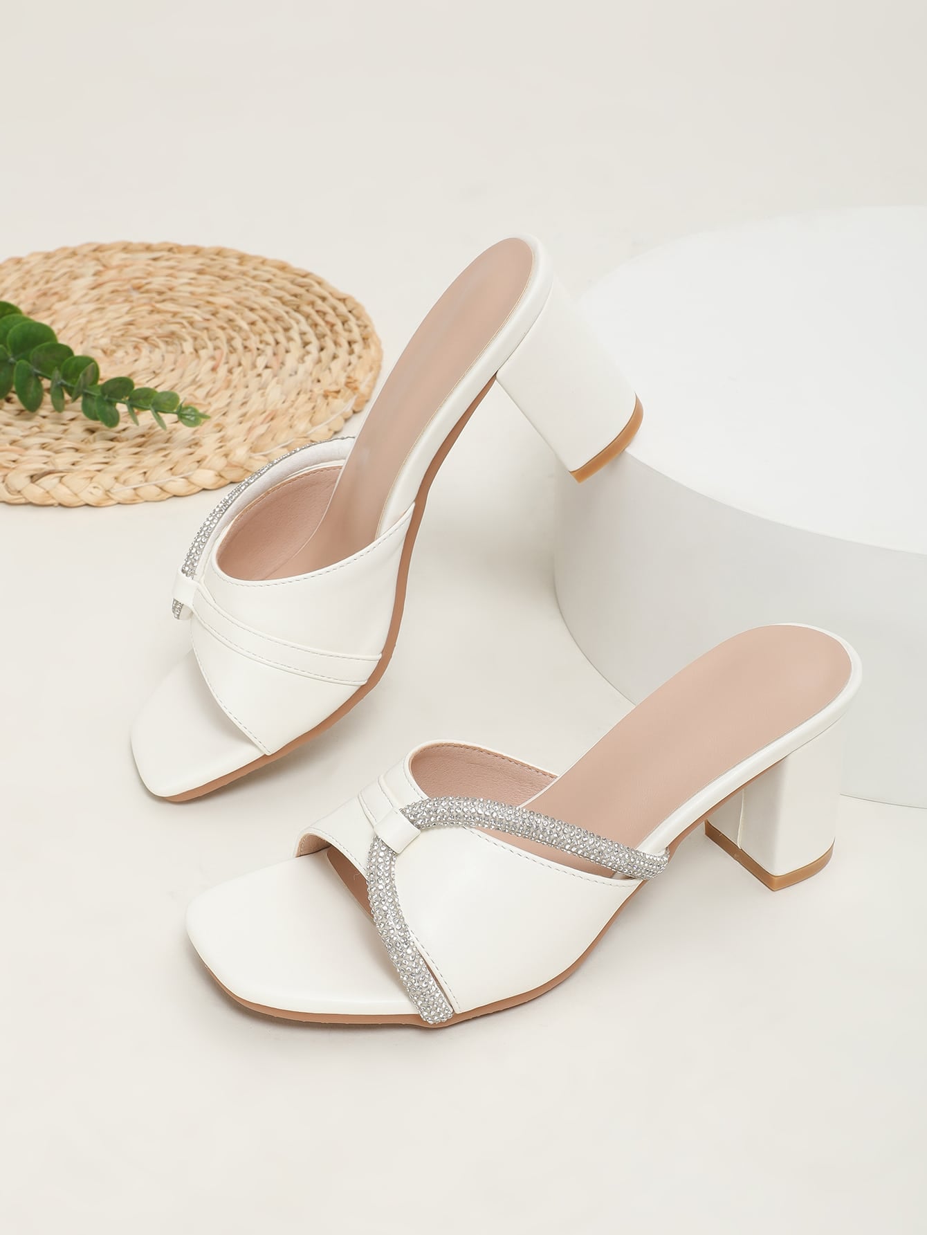 Rhinestone Decor Chunky Heeled Mule Sandals