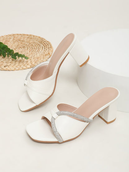 Rhinestone Decor Chunky Heeled Mule Sandals
