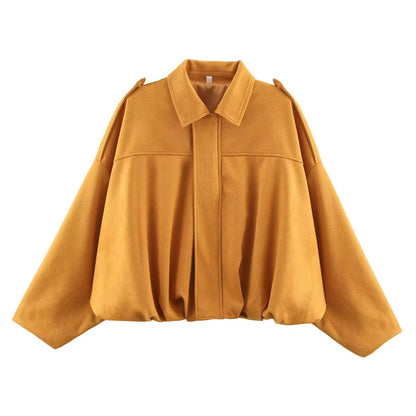New 2025 Women Suede Textured Bomber Jacket Long Sleeve Lapel Collar Loose Coats Casual Female Outerwear Chic Tops
