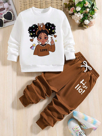 Young Girl 2Pcs Cartoon Print Crew Neck Sweatshirt and Sweatpants Set
