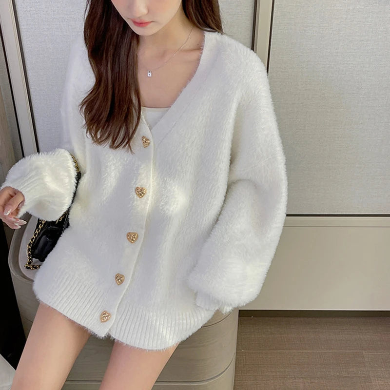 White Heart Buttons Mink Cashmere Cardigan V Neck Autumn Winter Vintage Lantern Sleeve Knit Sweaters Soft Women Hairy Loose O213