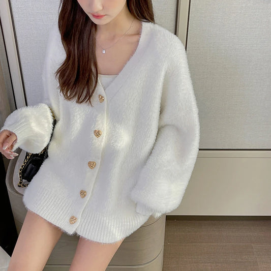 White Heart Buttons Mink Cashmere Cardigan V Neck Autumn Winter Vintage Lantern Sleeve Knit Sweaters Soft Women Hairy Loose O213