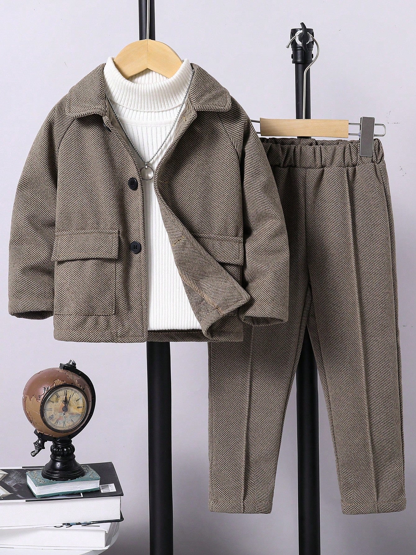 2Pcs Young Boy Collared Blazer Jacket and Casual Pants Set Chic Outfits for Autumn/Winter