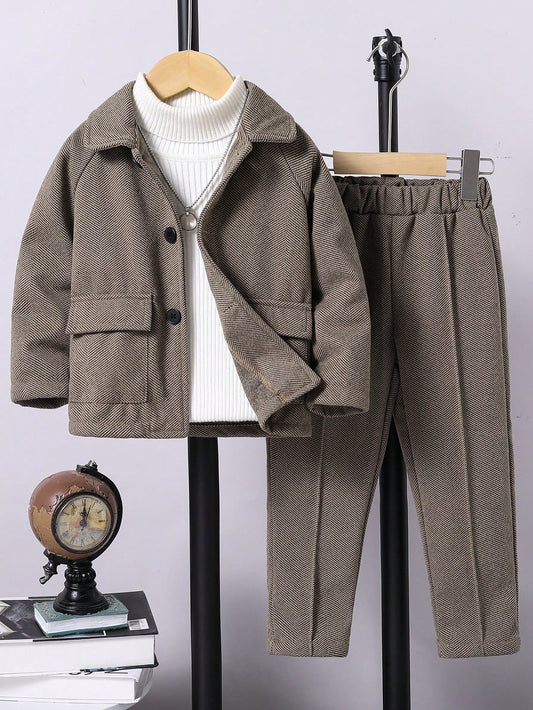 2Pcs Young Boy Collared Blazer Jacket and Casual Pants Set Chic Outfits for Autumn/Winter