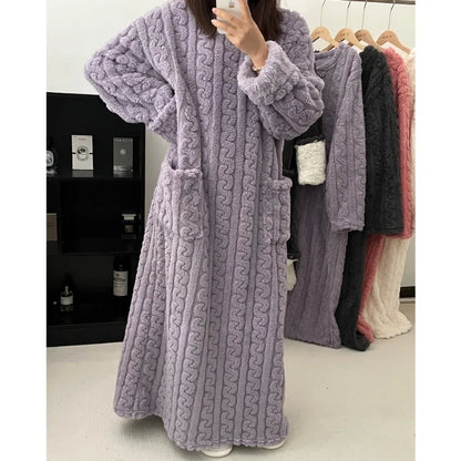 Thickened Warm plus Size Ladies Pyjamas Flannel Winter Striped Coral Velvet Long-Sleeved Nightwear Bathrobe One Piece Pajamas