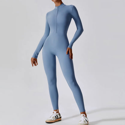Women'S Jumpsuits One-Piece Suit Zipper Long Sleeved Yoga Set Gym Push up Workout Clothes Fitness Bodysuit Sportswear Tracksuit