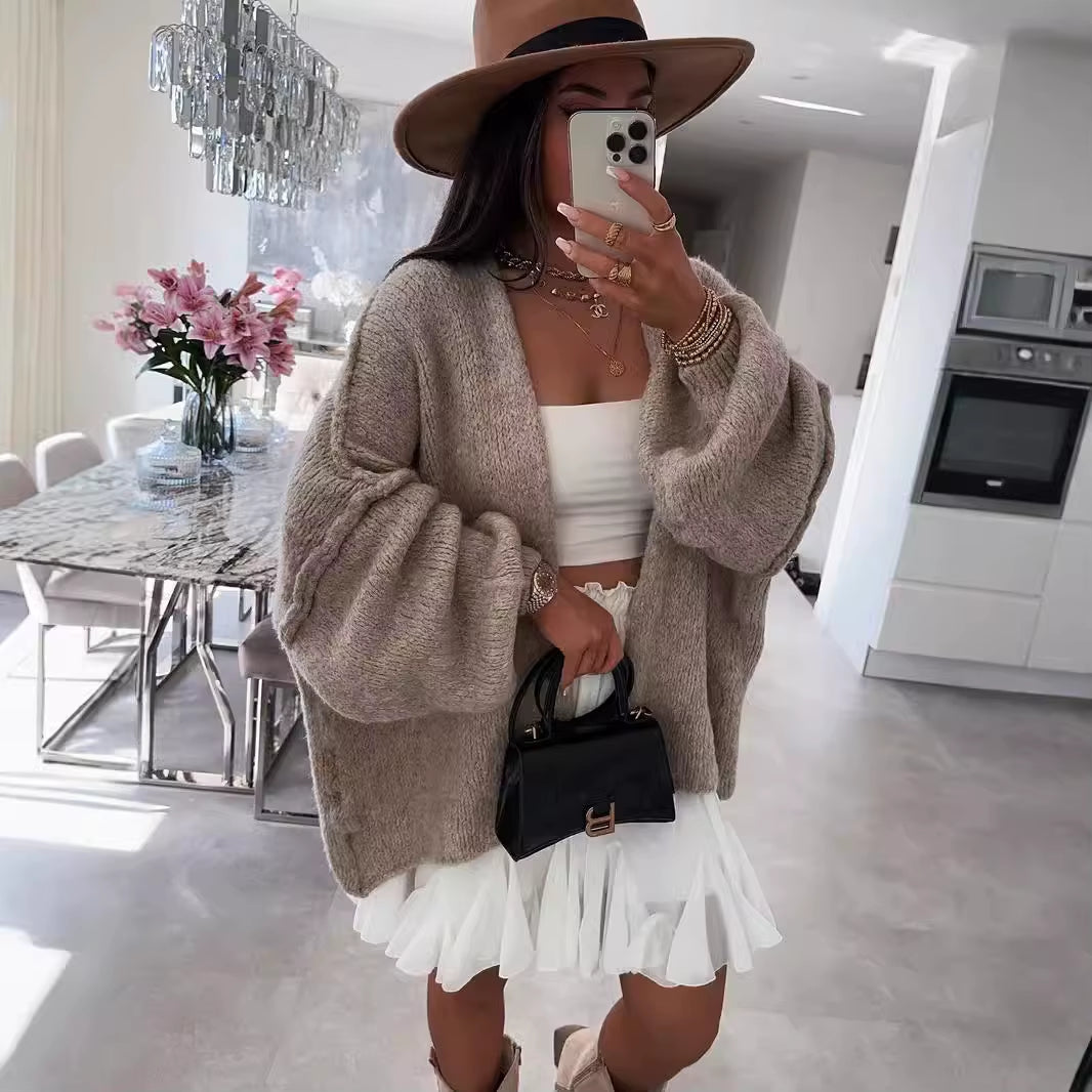 Autumn Winter New Casual Knitted Sweater Cardigan Jacket Loose Long Sleeve Solid Color Mid-Length Sweater Women Cardigan Jacket