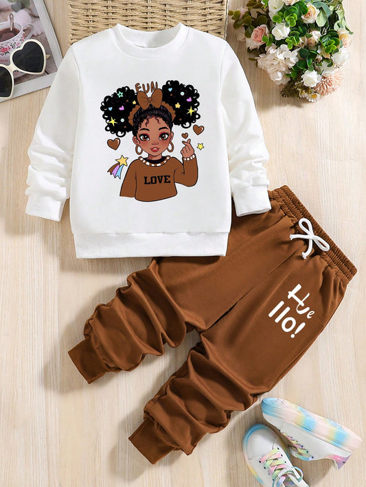 Young Girl 2Pcs Cartoon Print Crew Neck Sweatshirt and Sweatpants Set