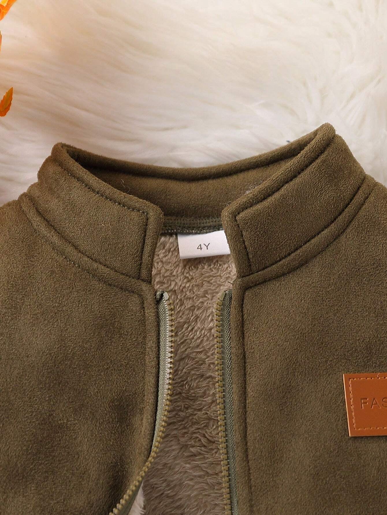 Young Boys' Fashion Casual Thermal Lined Thicken Faux Leather Patch Decor Stand Collar Zip-Up Vest