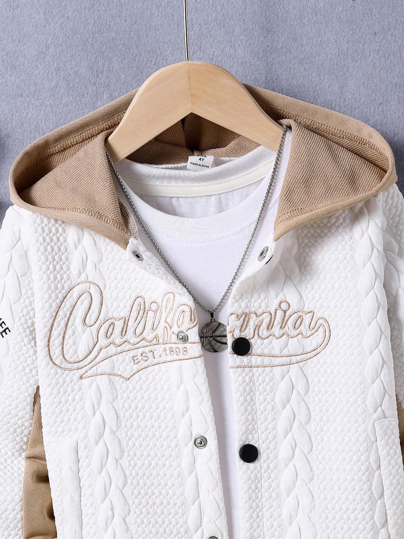 Young Boy Letter Embroidered Hooded Casual Jacket Chic Outfits for Autumn/Winter