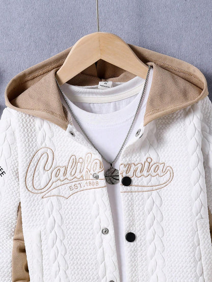 Young Boy Letter Embroidered Hooded Casual Jacket Chic Outfits for Autumn/Winter