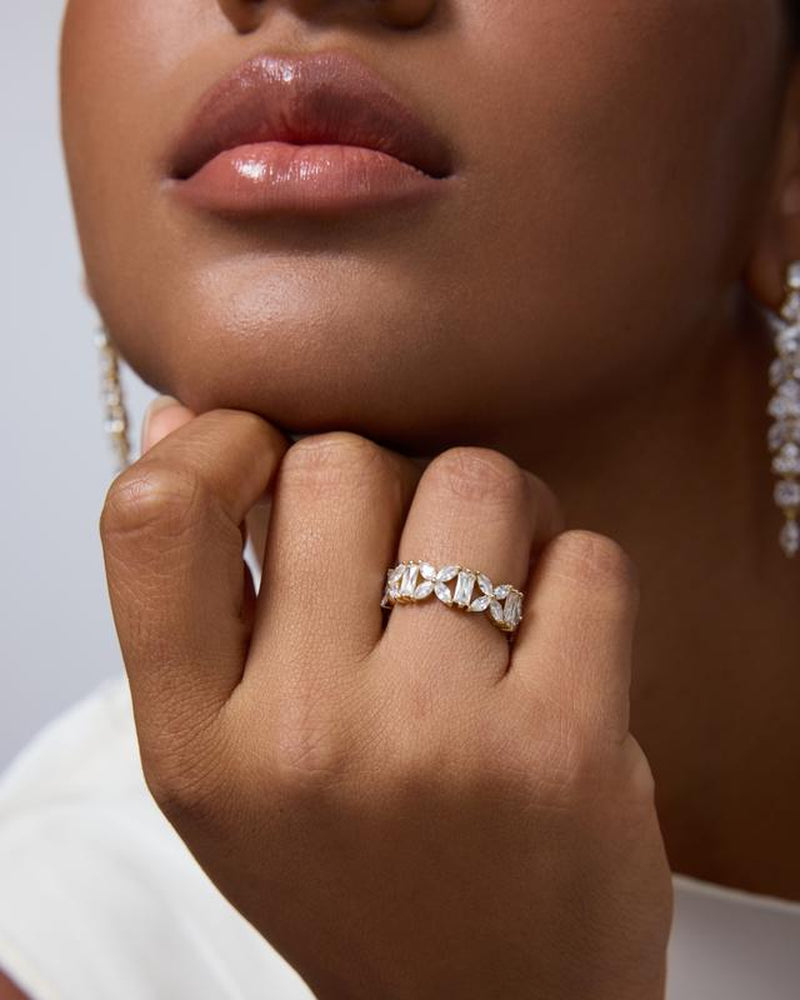 PAVOI 14K Gold Plated Bridal Eternity Ring for Women - Eternity Band with Marquise Cut Cubic Zirconia - Statement Gold Wedding Bands