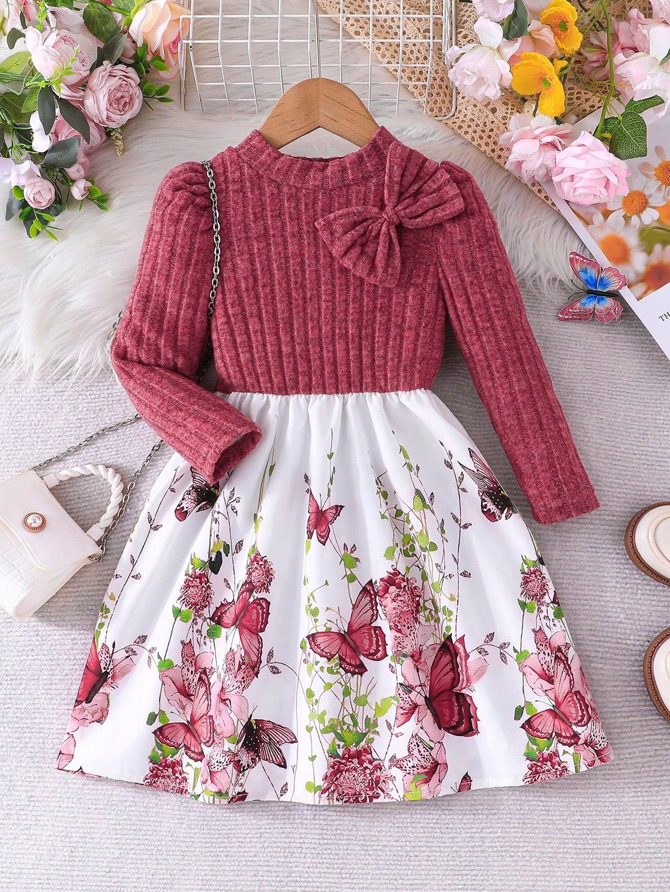 Young Girl Floral Knitted Ruffled Dress with Puff Sleeves, Elegant Flower Print Patchwork Princess Long Dress, Autumn/Winter Collection