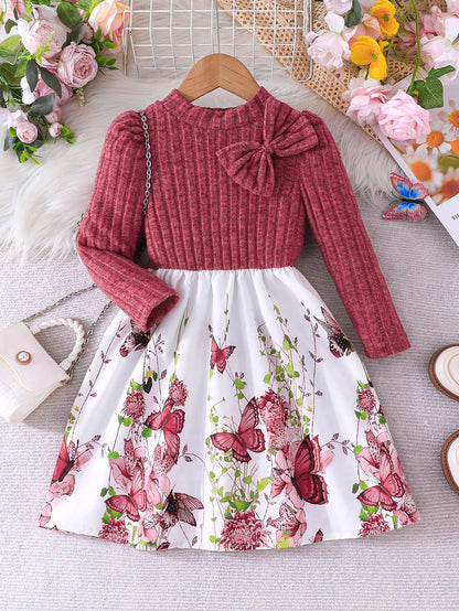 Young Girl Floral Knitted Ruffled Dress with Puff Sleeves, Elegant Flower Print Patchwork Princess Long Dress, Autumn/Winter Collection