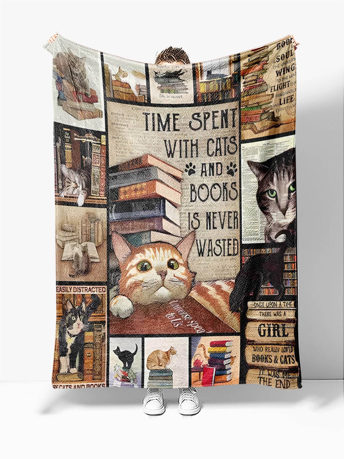 1Pc Cat & Slogan Graphic Blanket