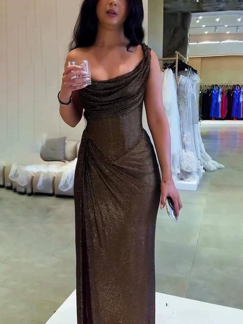 Likemychoice Elegant Sequin Slit Party Maxi Dress - Gold Sequined One Shoulder Floor Length Gown for Special Events