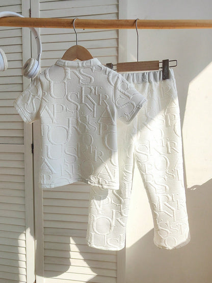 Chatreadl 2Pcs Kids White Warm Thick T-Shirt and Pants Set, Autumn/Winter Knitted Jacquard
