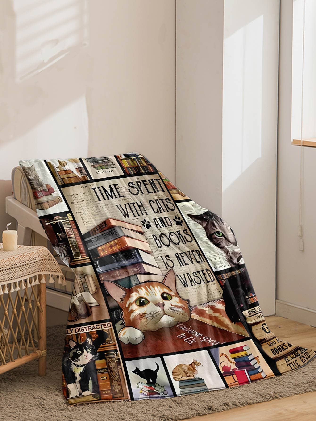 1Pc Cat & Slogan Graphic Blanket