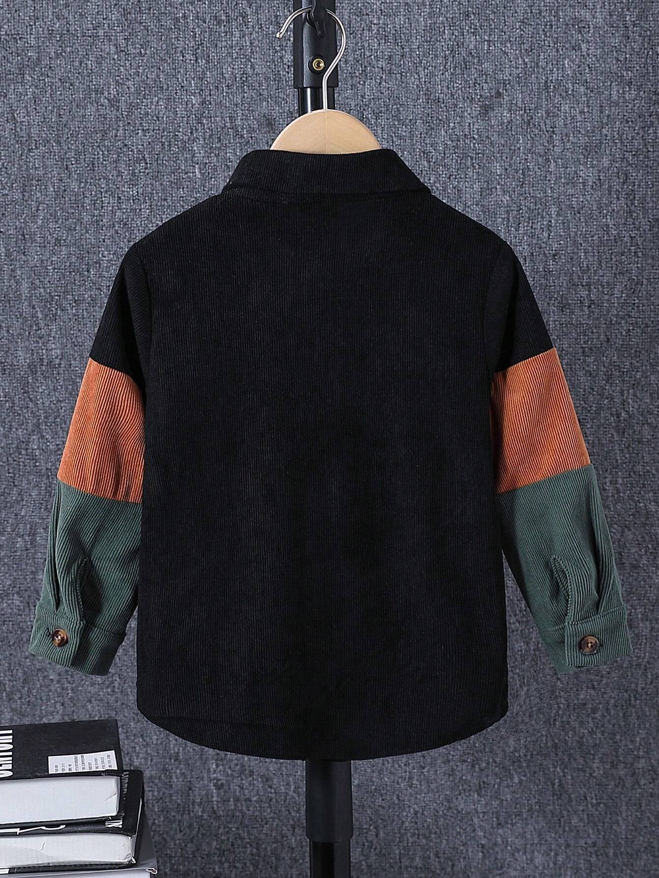 1Pc Young Boy Casual Long Sleeve Corduroy Shacket, Contrast Color Patch Pocket Design, Autumn/Winter