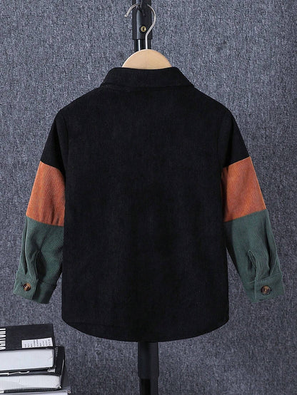 1Pc Young Boy Casual Long Sleeve Corduroy Shacket, Contrast Color Patch Pocket Design, Autumn/Winter