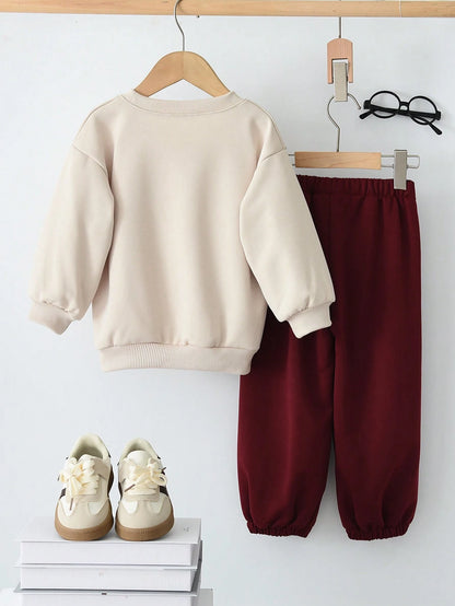 Young Girls' 2Pcs Casual Sportswear Set, Heart Printed Long Sleeve Sweatshirt and Solid Color Pants, Spring and Autumn